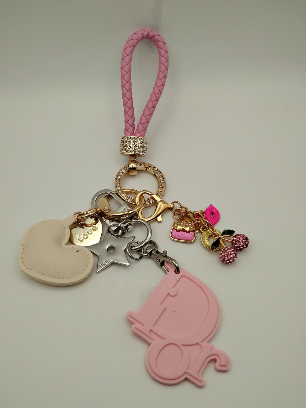 Dior Pink Braided Charm Keychain with Gold Accents